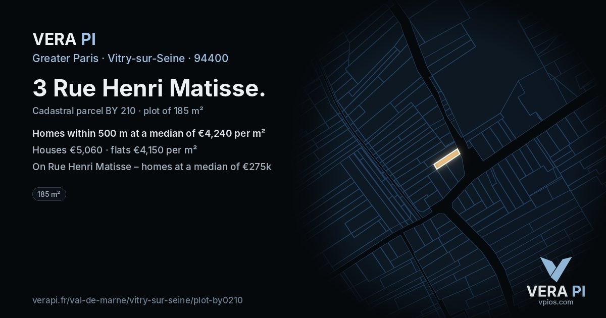 3 Rue Henri Matisse, Vitry-sur-Seine at night – the plot lit, the parcels around coloured by the prices near them