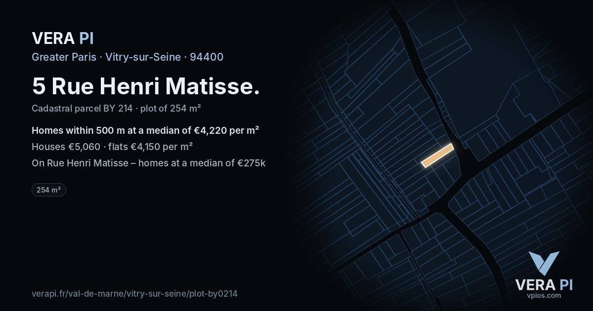 5 Rue Henri Matisse, Vitry-sur-Seine at night – the plot lit, the parcels around coloured by the prices near them