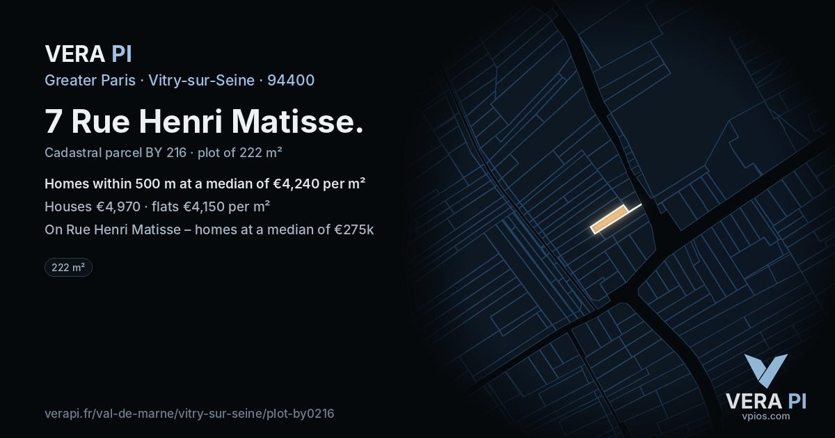 7 Rue Henri Matisse, Vitry-sur-Seine at night – the plot lit, the parcels around coloured by the prices near them