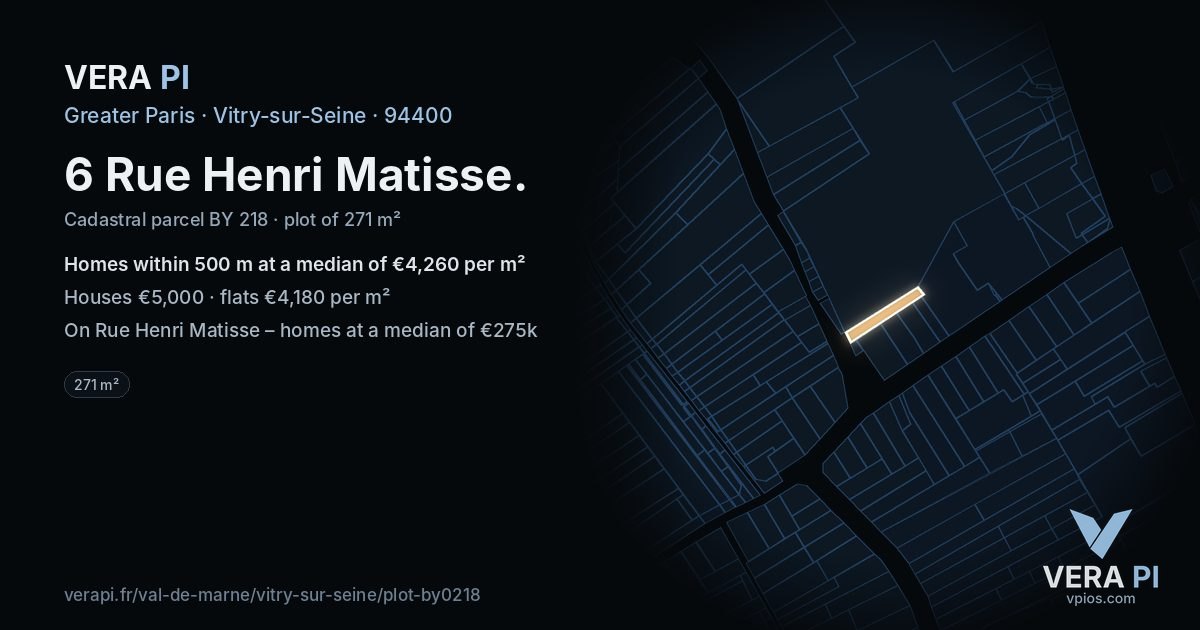 6 Rue Henri Matisse, Vitry-sur-Seine at night – the plot lit, the parcels around coloured by the prices near them