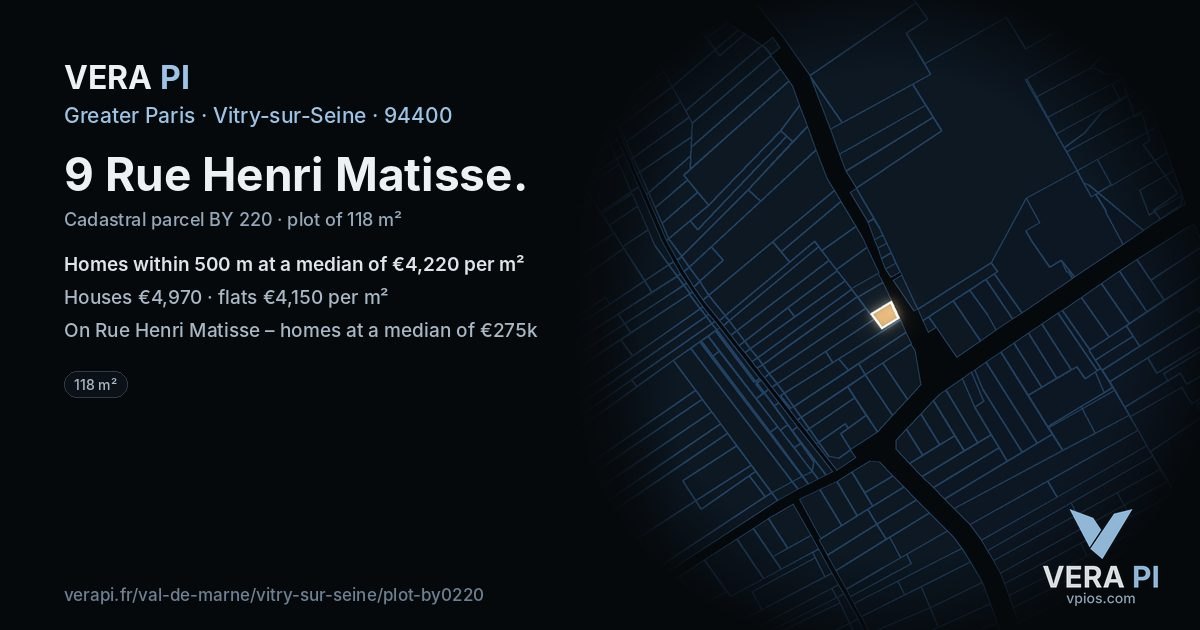 9 Rue Henri Matisse, Vitry-sur-Seine at night – the plot lit, the parcels around coloured by the prices near them