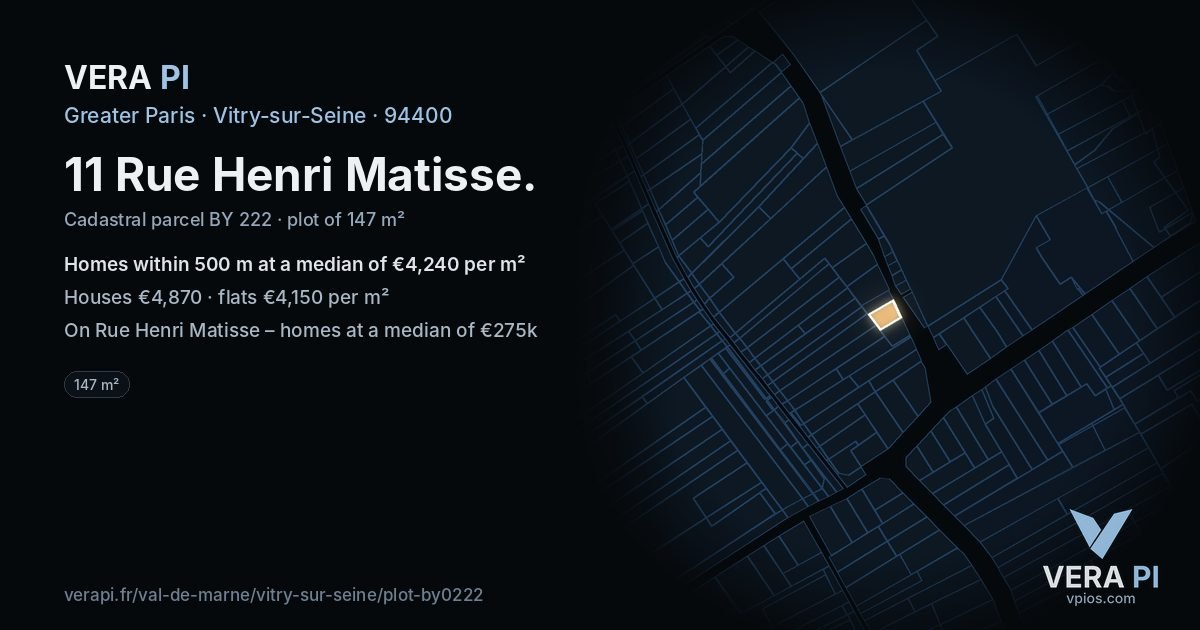 11 Rue Henri Matisse, Vitry-sur-Seine at night – the plot lit, the parcels around coloured by the prices near them