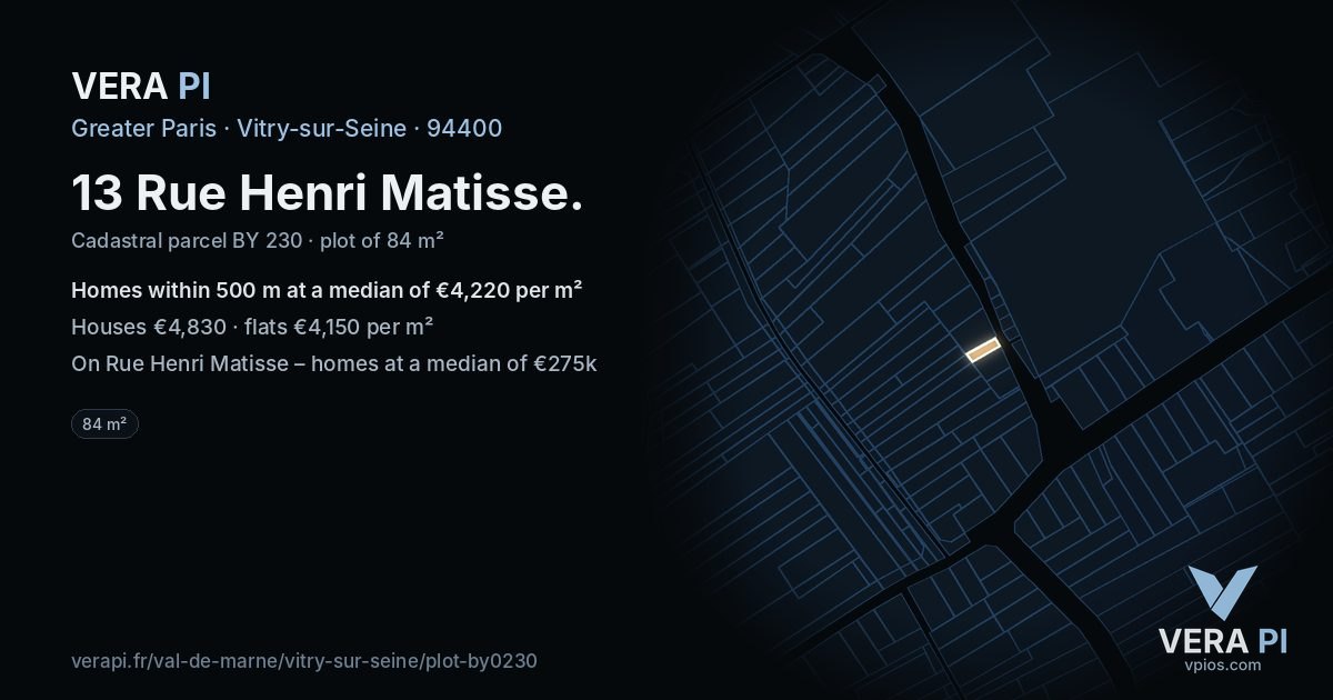 13 Rue Henri Matisse, Vitry-sur-Seine at night – the plot lit, the parcels around coloured by the prices near them