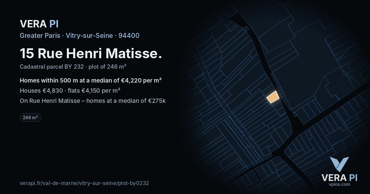 15 Rue Henri Matisse, Vitry-sur-Seine at night – the plot lit, the parcels around coloured by the prices near them
