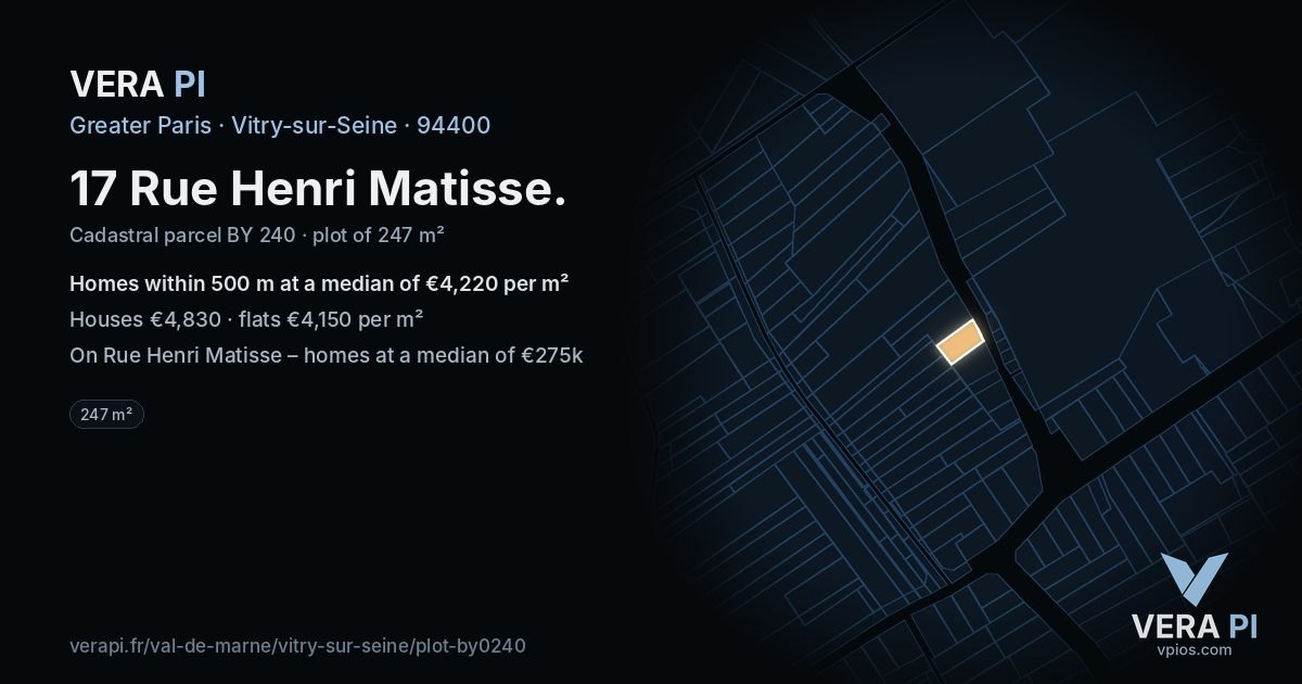 17 Rue Henri Matisse, Vitry-sur-Seine at night – the plot lit, the parcels around coloured by the prices near them