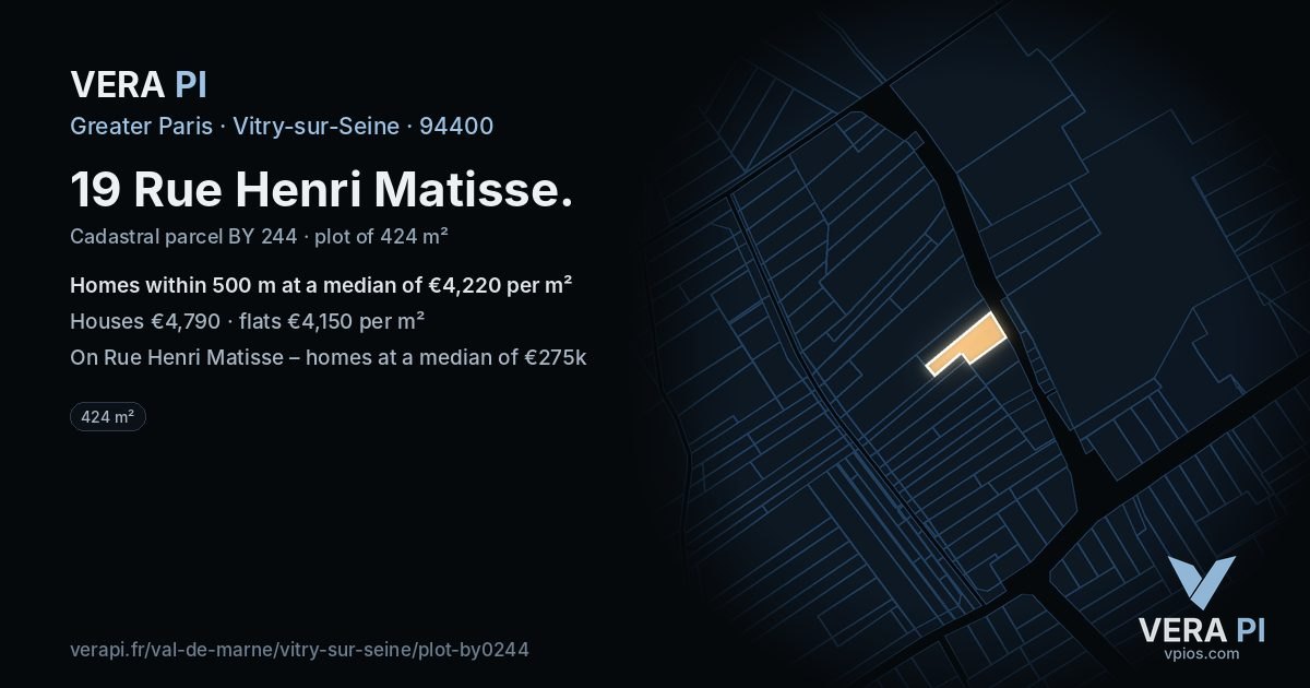 19 Rue Henri Matisse, Vitry-sur-Seine at night – the plot lit, the parcels around coloured by the prices near them