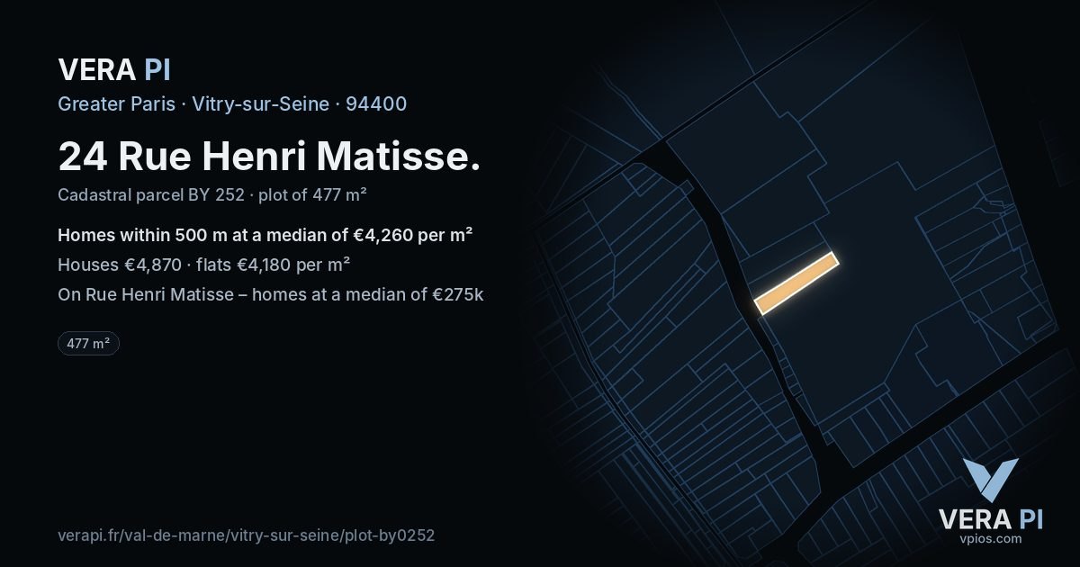 24 Rue Henri Matisse, Vitry-sur-Seine at night – the plot lit, the parcels around coloured by the prices near them
