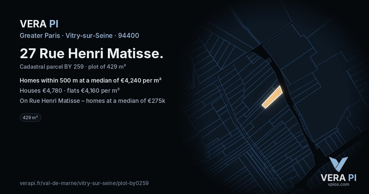27 Rue Henri Matisse, Vitry-sur-Seine at night – the plot lit, the parcels around coloured by the prices near them