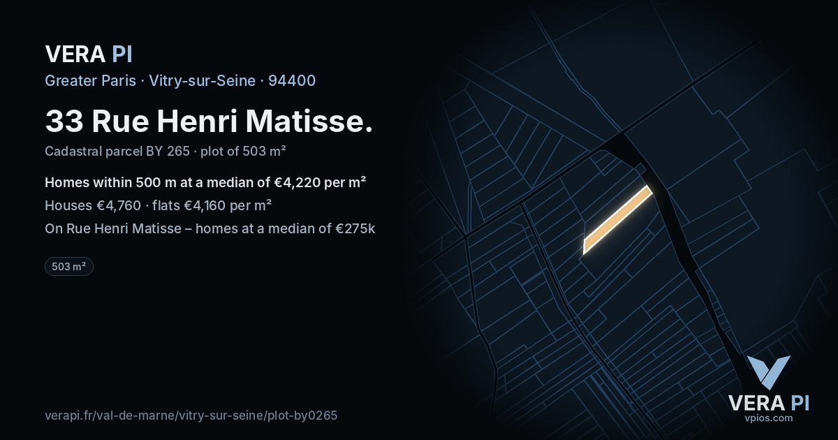 33 Rue Henri Matisse, Vitry-sur-Seine at night – the plot lit, the parcels around coloured by the prices near them