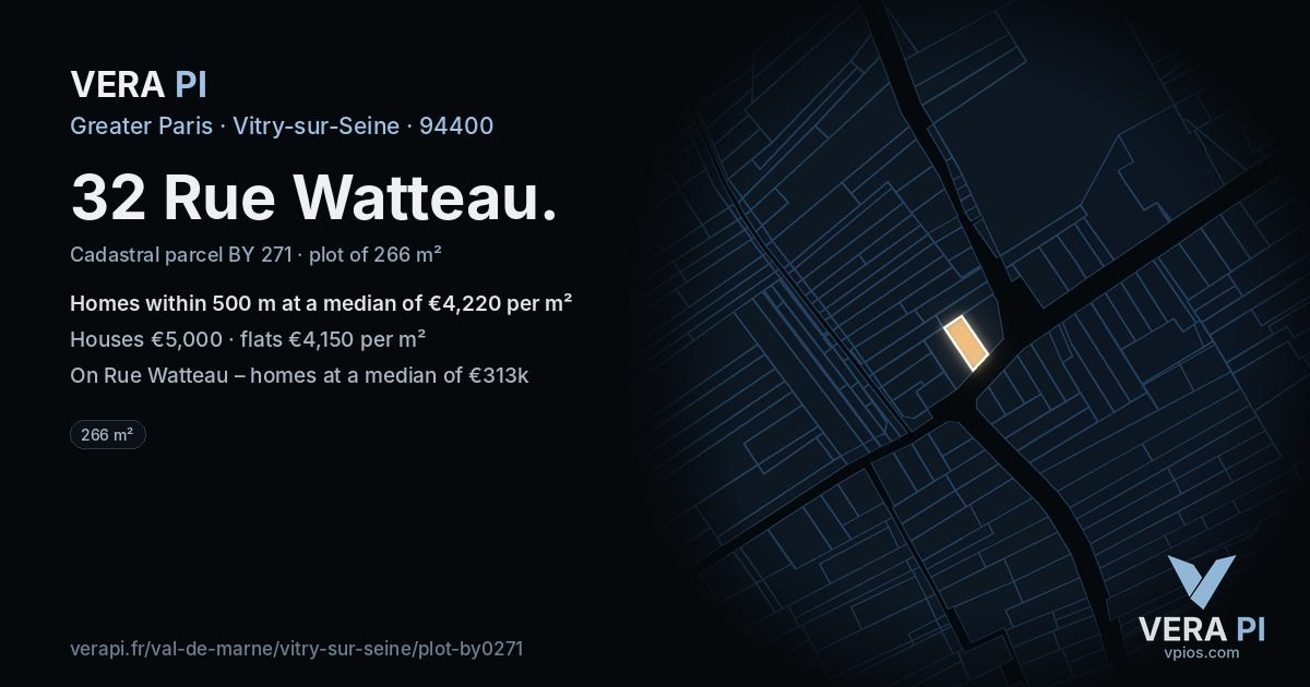 32 Rue Watteau, Vitry-sur-Seine at night – the plot lit, the parcels around coloured by the prices near them