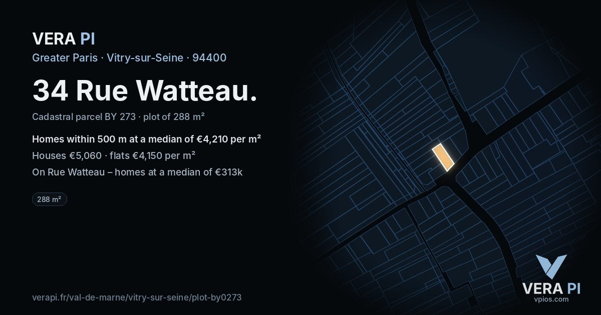 34 Rue Watteau, Vitry-sur-Seine at night – the plot lit, the parcels around coloured by the prices near them