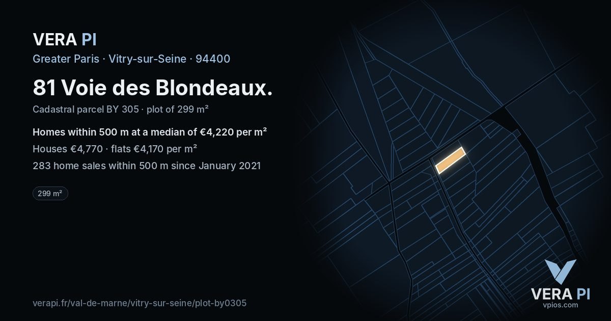 81 Voie des Blondeaux, Vitry-sur-Seine at night – the plot lit, the parcels around coloured by the prices near them
