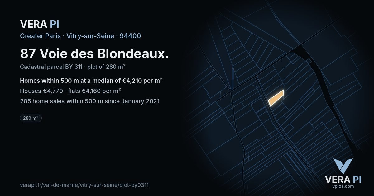 87 Voie des Blondeaux, Vitry-sur-Seine at night – the plot lit, the parcels around coloured by the prices near them