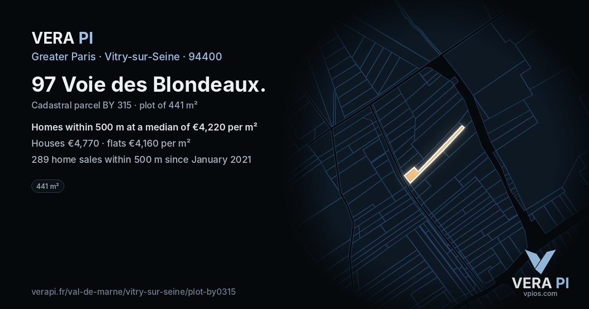 97 Voie des Blondeaux, Vitry-sur-Seine at night – the plot lit, the parcels around coloured by the prices near them