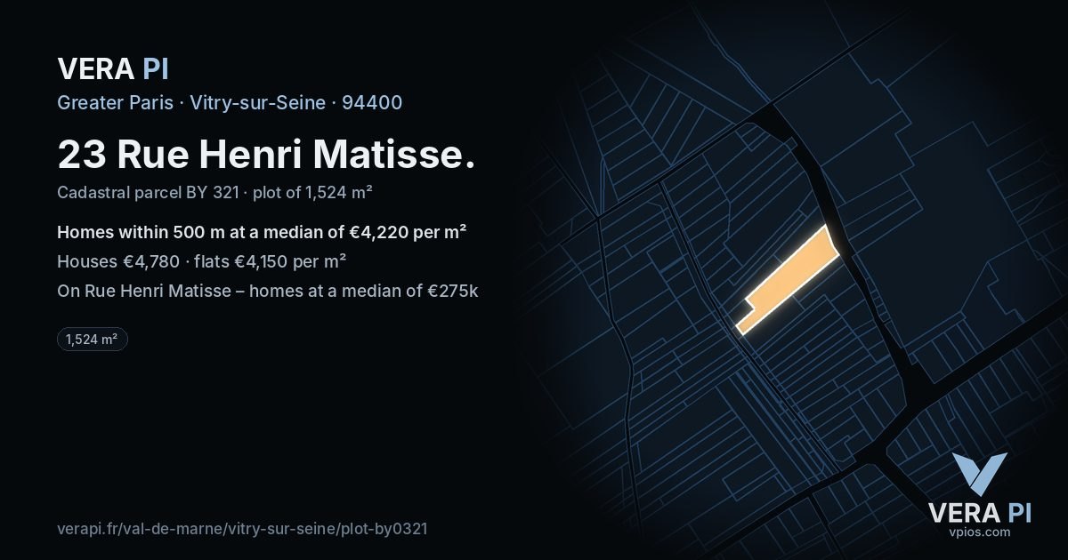 23 Rue Henri Matisse, Vitry-sur-Seine at night – the plot lit, the parcels around coloured by the prices near them