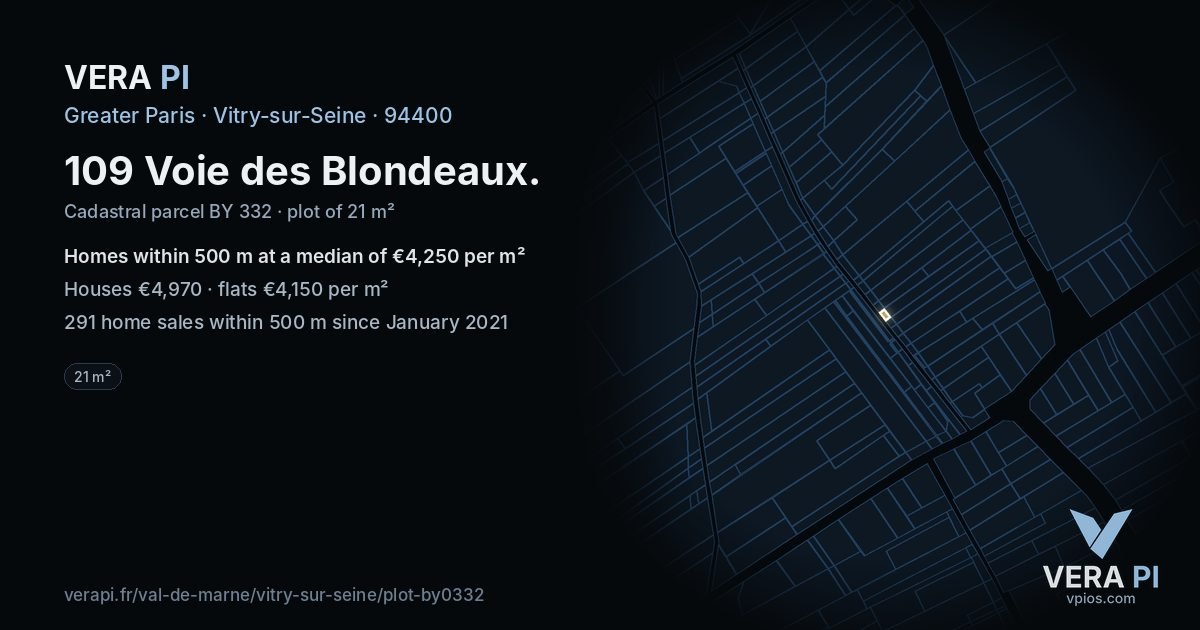 109 Voie des Blondeaux, Vitry-sur-Seine at night – the plot lit, the parcels around coloured by the prices near them