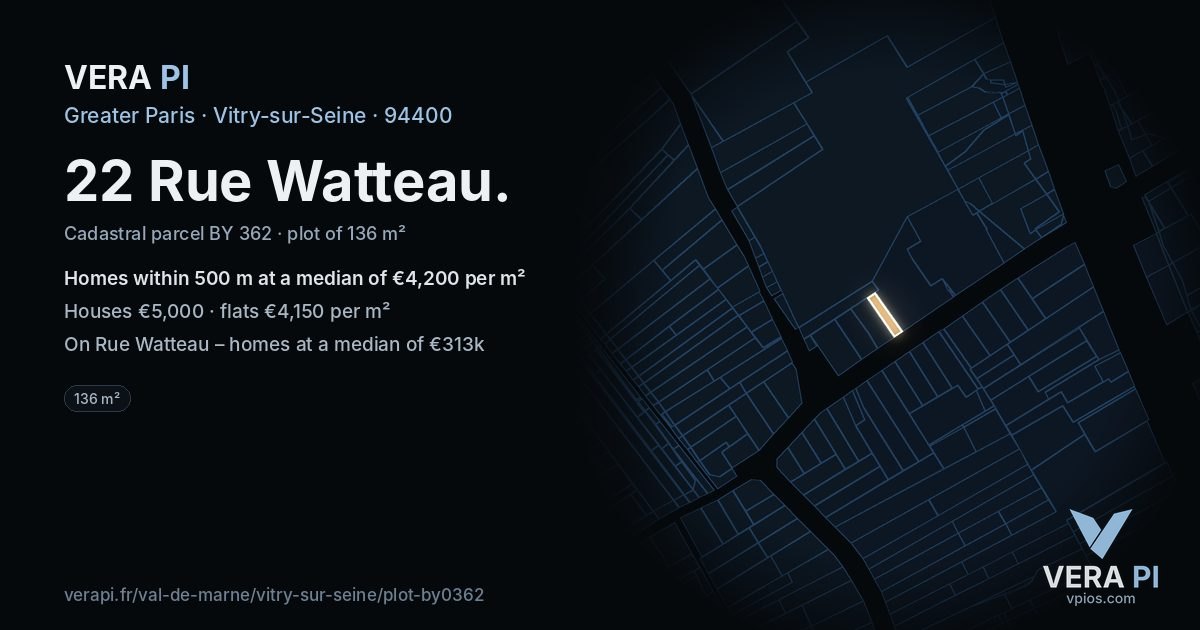 22 Rue Watteau, Vitry-sur-Seine at night – the plot lit, the parcels around coloured by the prices near them