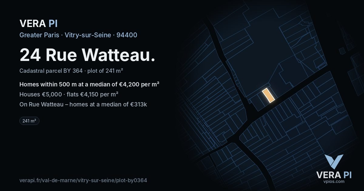 24 Rue Watteau, Vitry-sur-Seine at night – the plot lit, the parcels around coloured by the prices near them
