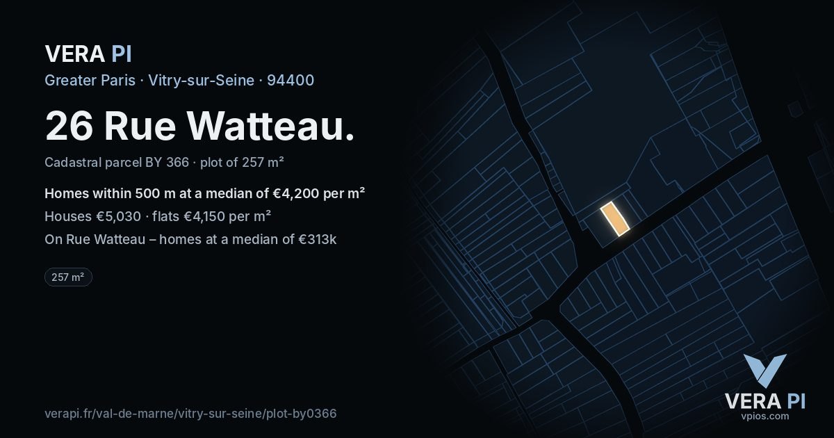 26 Rue Watteau, Vitry-sur-Seine at night – the plot lit, the parcels around coloured by the prices near them