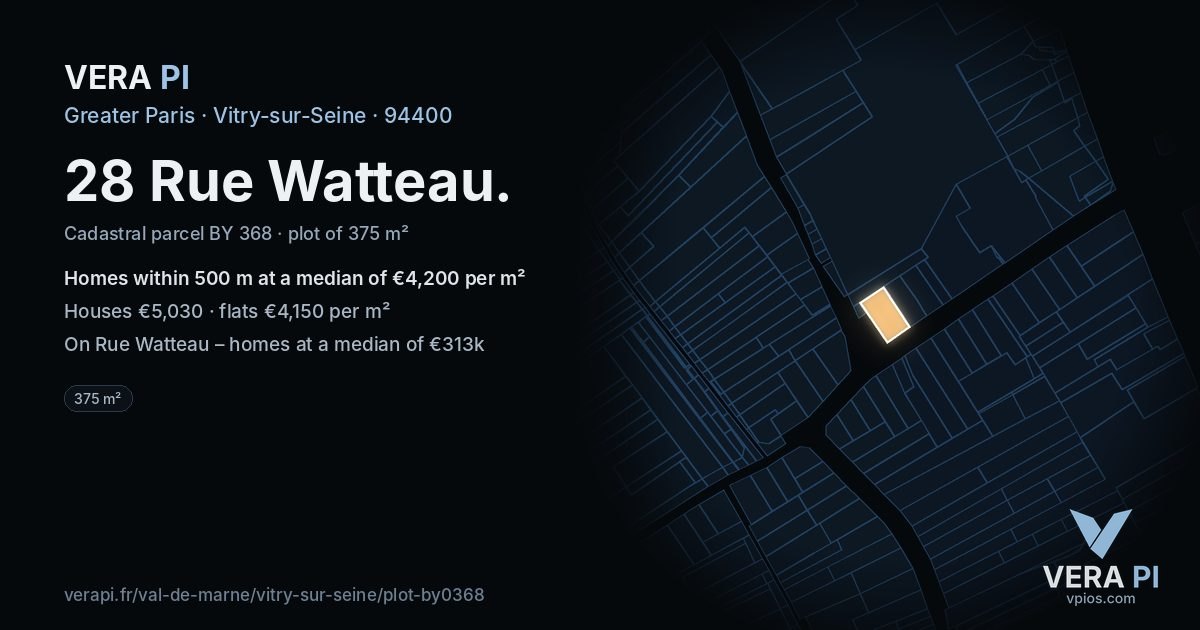 28 Rue Watteau, Vitry-sur-Seine at night – the plot lit, the parcels around coloured by the prices near them