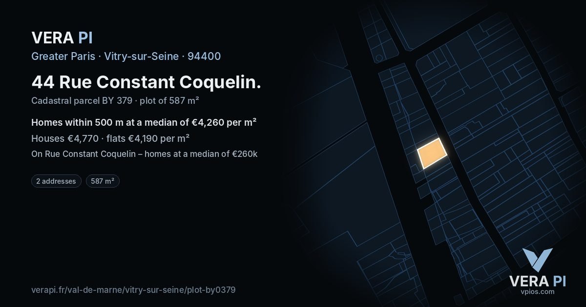 44 Rue Constant Coquelin, Vitry-sur-Seine at night – the plot lit, the parcels around coloured by the prices near them