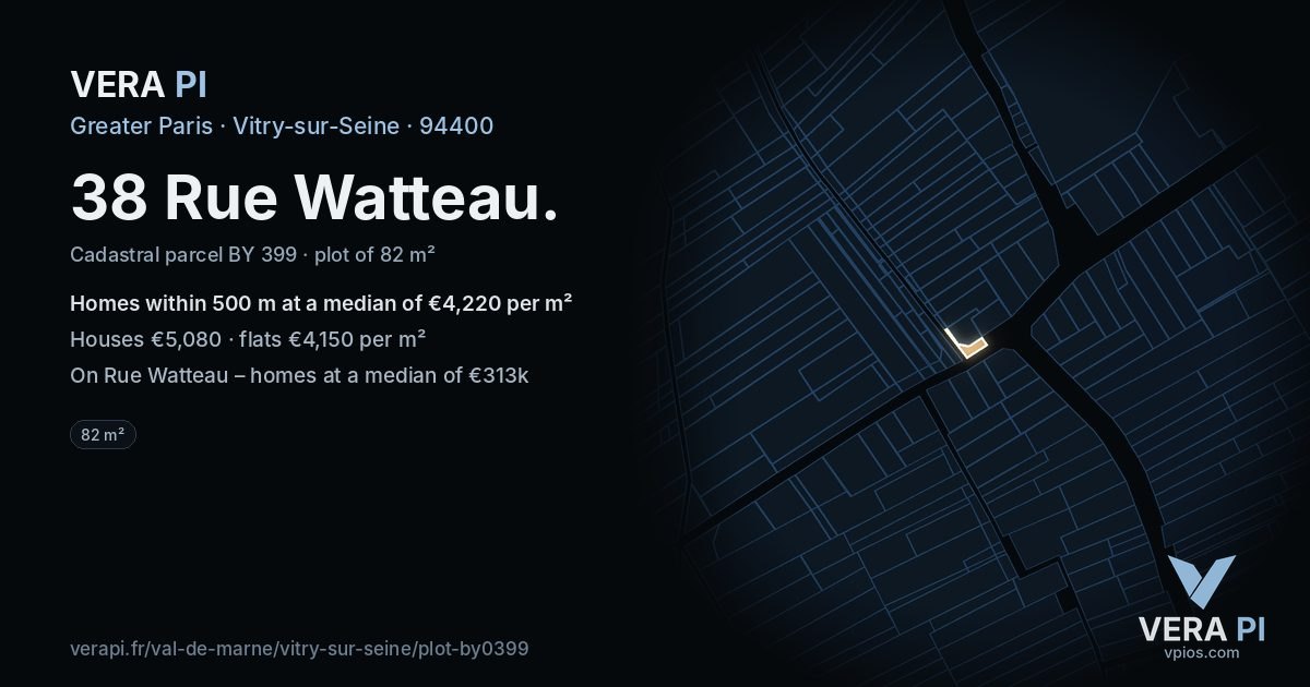 38 Rue Watteau, Vitry-sur-Seine at night – the plot lit, the parcels around coloured by the prices near them