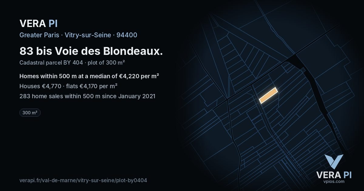 83 bis Voie des Blondeaux, Vitry-sur-Seine at night – the plot lit, the parcels around coloured by the prices near them