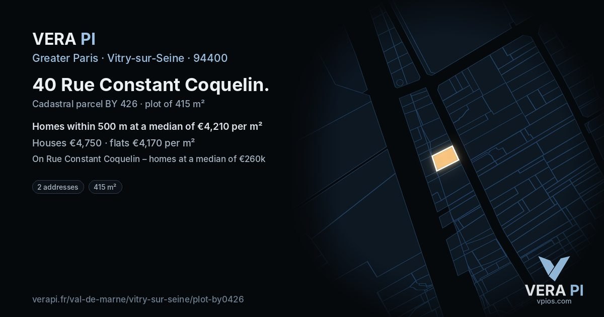 40 Rue Constant Coquelin, Vitry-sur-Seine at night – the plot lit, the parcels around coloured by the prices near them