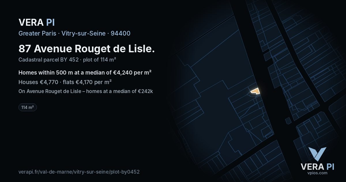 87 Avenue Rouget de Lisle, Vitry-sur-Seine at night – the plot lit, the parcels around coloured by the prices near them
