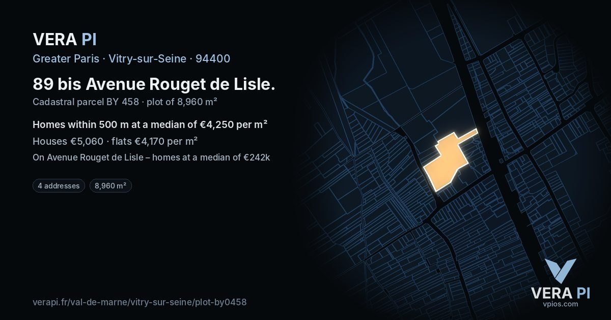 89 bis Avenue Rouget de Lisle, Vitry-sur-Seine at night – the plot lit, the parcels around coloured by the prices near them