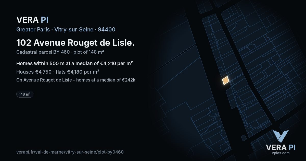 102 Avenue Rouget de Lisle, Vitry-sur-Seine at night – the plot lit, the parcels around coloured by the prices near them