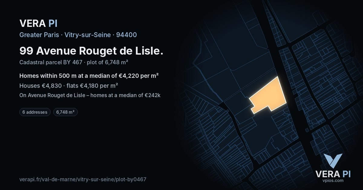 99 Avenue Rouget de Lisle, Vitry-sur-Seine at night – the plot lit, the parcels around coloured by the prices near them