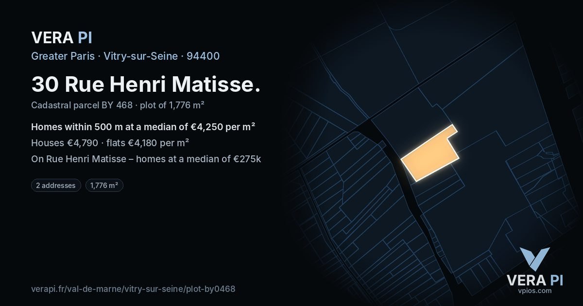 30 Rue Henri Matisse, Vitry-sur-Seine at night – the plot lit, the parcels around coloured by the prices near them
