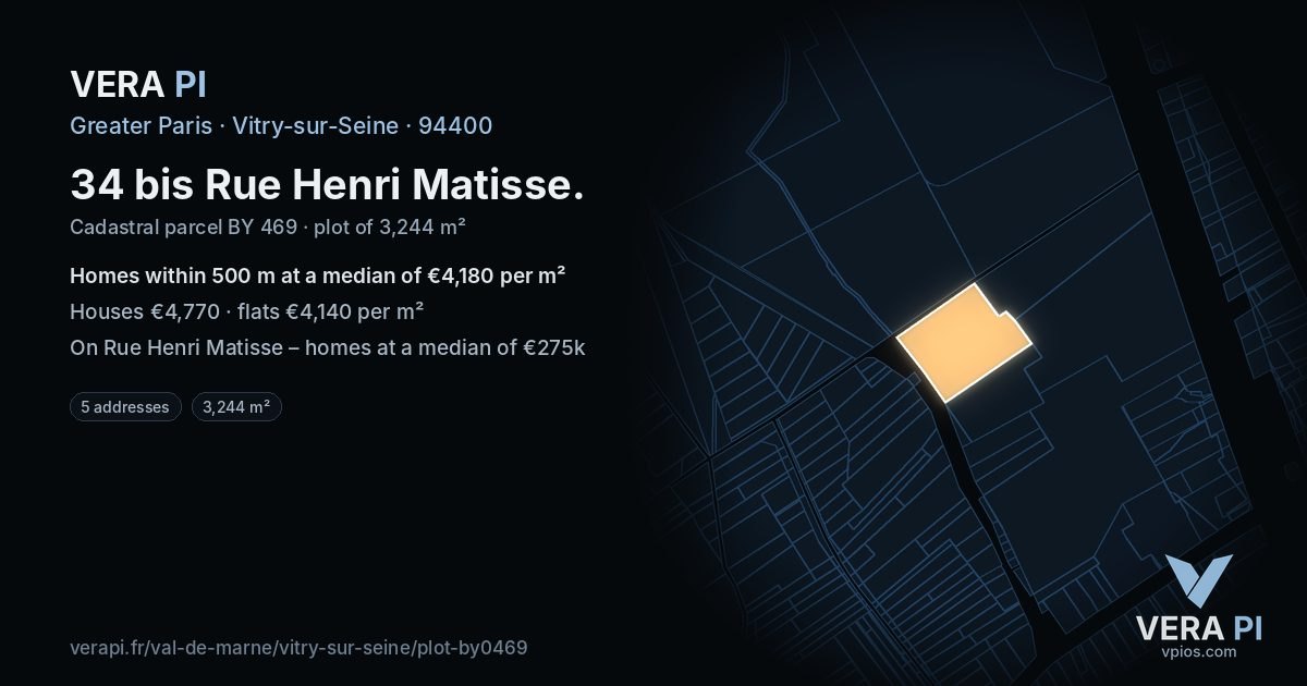 34 bis Rue Henri Matisse, Vitry-sur-Seine at night – the plot lit, the parcels around coloured by the prices near them