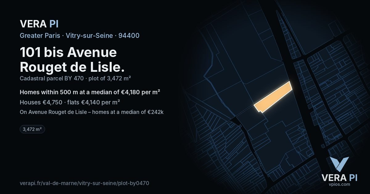 101 bis Avenue Rouget de Lisle, Vitry-sur-Seine at night – the plot lit, the parcels around coloured by the prices near them