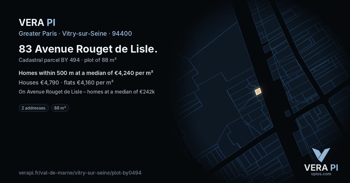 83 Avenue Rouget de Lisle, Vitry-sur-Seine at night – the plot lit, the parcels around coloured by the prices near them
