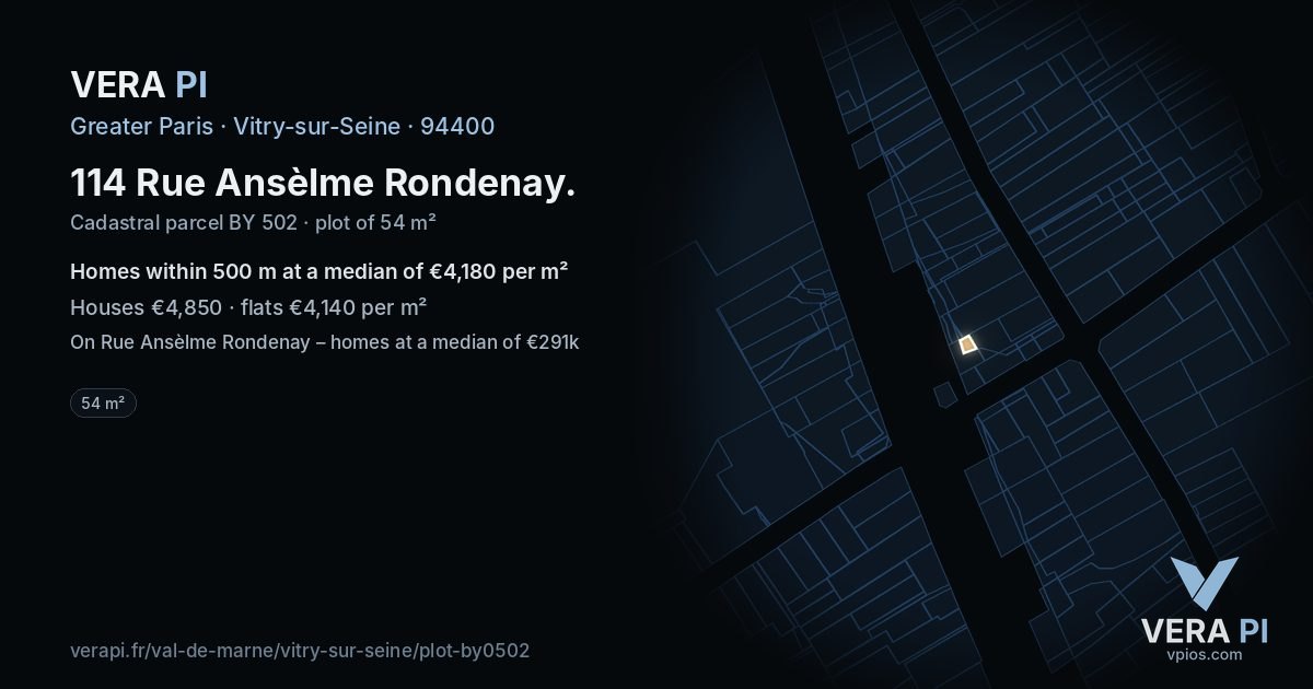 114 Rue Ansèlme Rondenay, Vitry-sur-Seine at night – the plot lit, the parcels around coloured by the prices near them