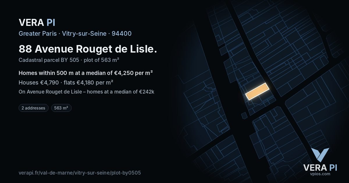 88 Avenue Rouget de Lisle, Vitry-sur-Seine at night – the plot lit, the parcels around coloured by the prices near them