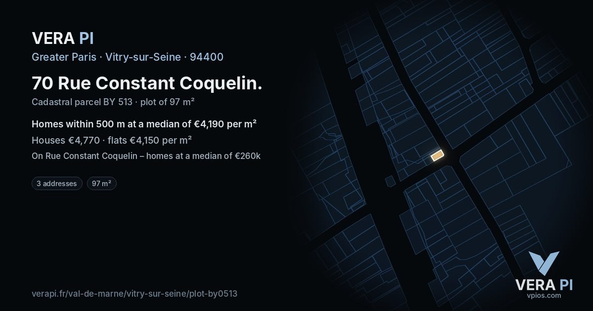 70 Rue Constant Coquelin, Vitry-sur-Seine at night – the plot lit, the parcels around coloured by the prices near them