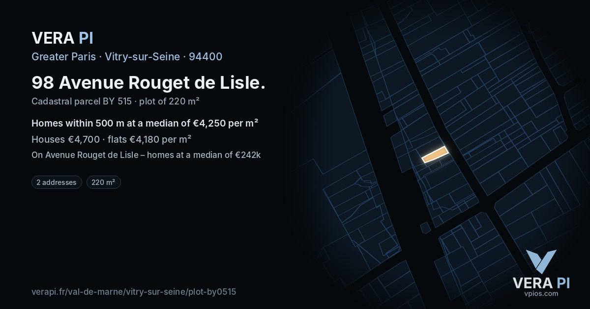 98 Avenue Rouget de Lisle, Vitry-sur-Seine at night – the plot lit, the parcels around coloured by the prices near them