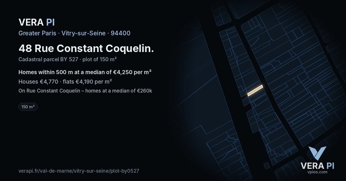48 Rue Constant Coquelin, Vitry-sur-Seine at night – the plot lit, the parcels around coloured by the prices near them