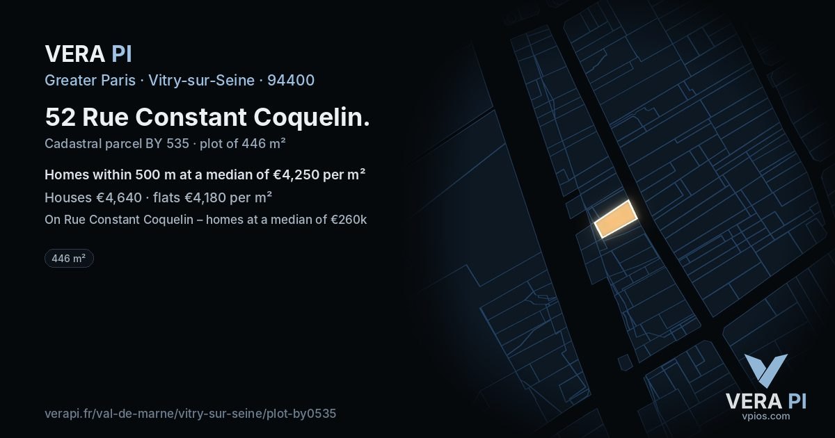 52 Rue Constant Coquelin, Vitry-sur-Seine at night – the plot lit, the parcels around coloured by the prices near them