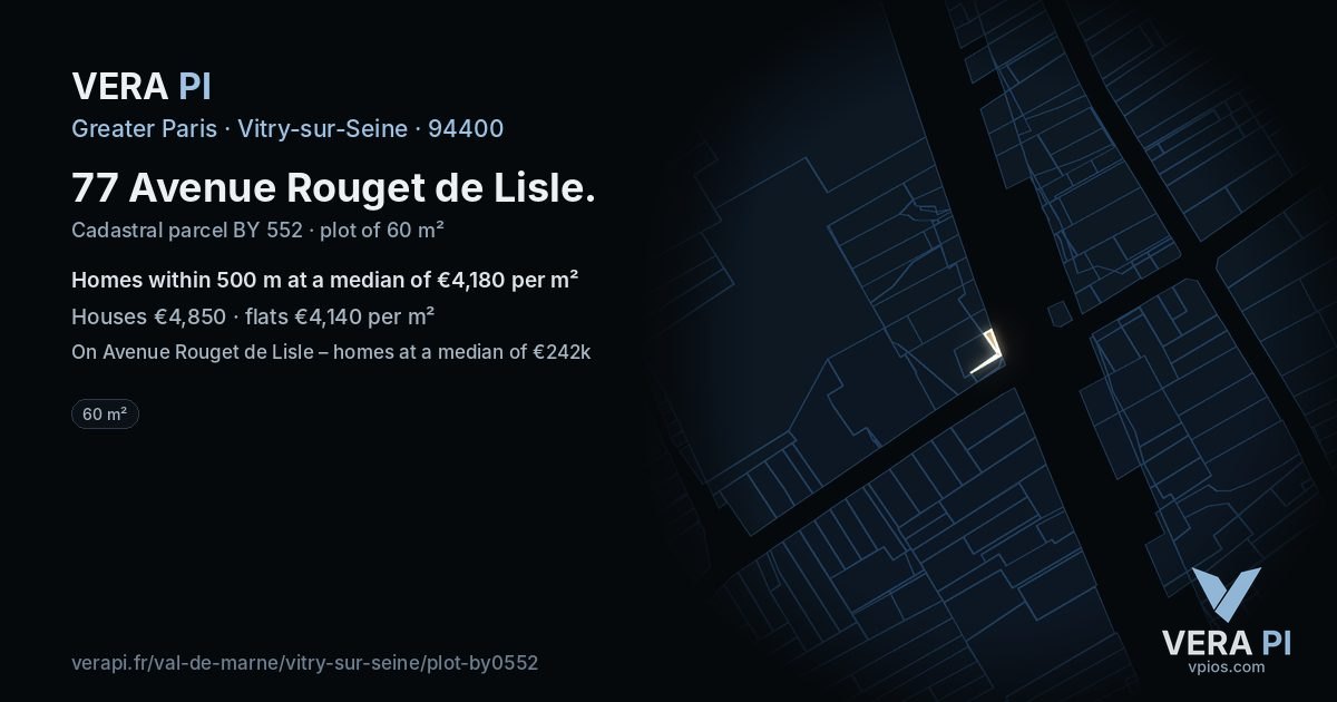 77 Avenue Rouget de Lisle, Vitry-sur-Seine at night – the plot lit, the parcels around coloured by the prices near them