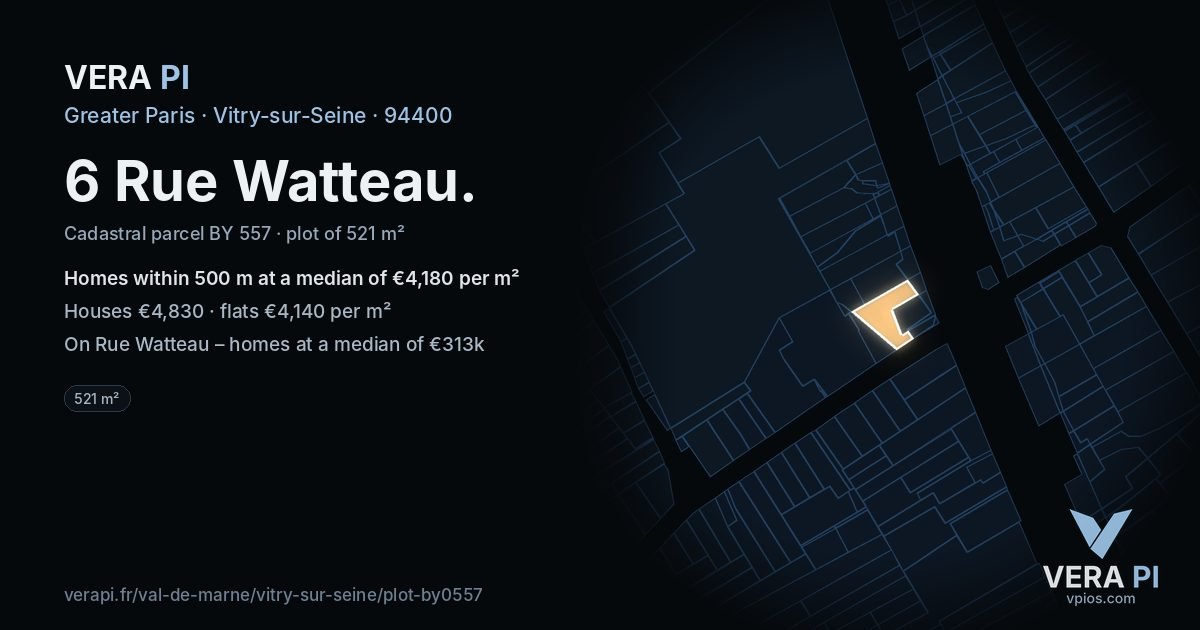 6 Rue Watteau, Vitry-sur-Seine at night – the plot lit, the parcels around coloured by the prices near them