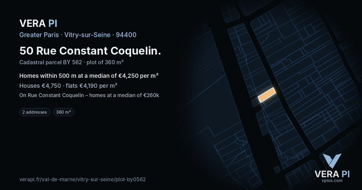 50 Rue Constant Coquelin, Vitry-sur-Seine at night – the plot lit, the parcels around coloured by the prices near them