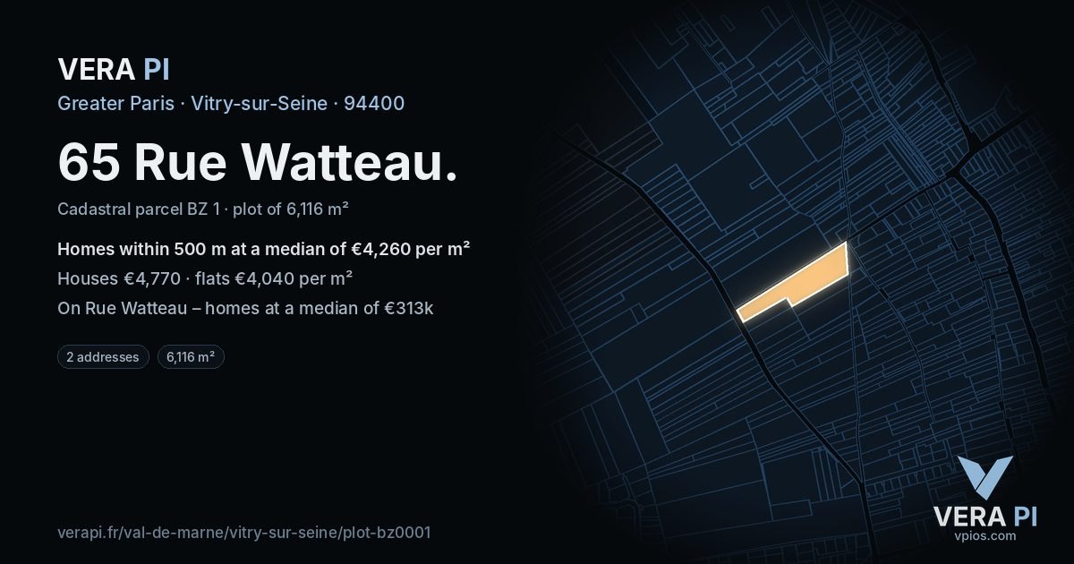 65 Rue Watteau, Vitry-sur-Seine at night – the plot lit, the parcels around coloured by the prices near them