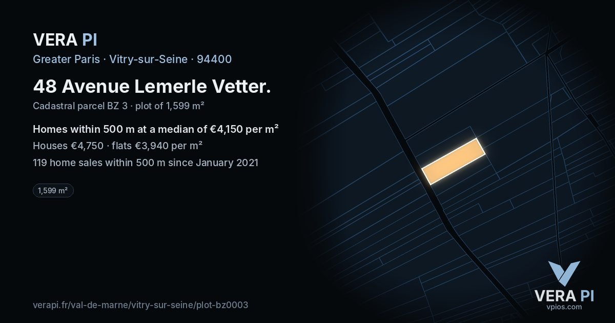 48 Avenue Lemerle Vetter, Vitry-sur-Seine at night – the plot lit, the parcels around coloured by the prices near them