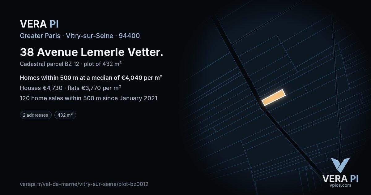 38 Avenue Lemerle Vetter, Vitry-sur-Seine at night – the plot lit, the parcels around coloured by the prices near them