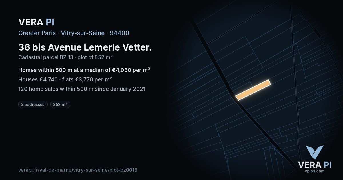36 bis Avenue Lemerle Vetter, Vitry-sur-Seine at night – the plot lit, the parcels around coloured by the prices near them