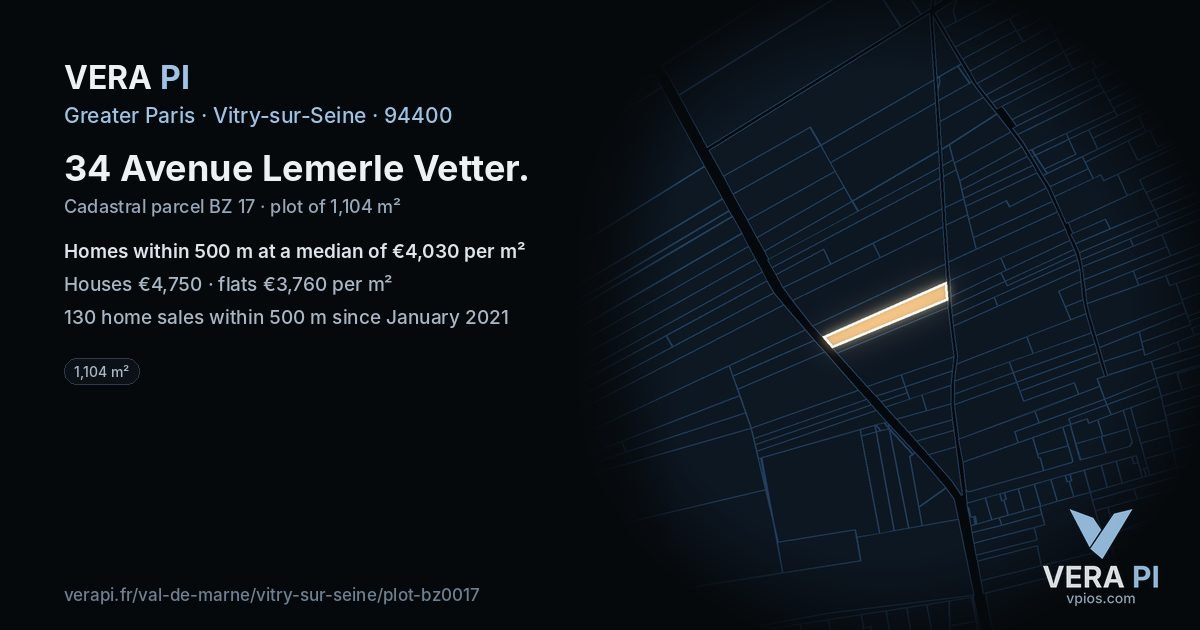 34 Avenue Lemerle Vetter, Vitry-sur-Seine at night – the plot lit, the parcels around coloured by the prices near them